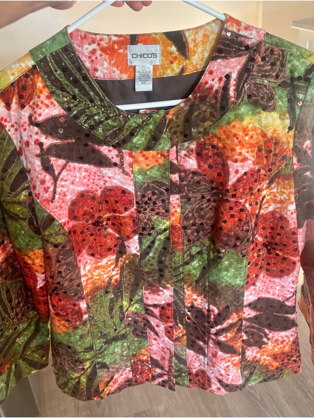 Chico's Floral Sequin Jacket Dress in Pink, Green & Orange